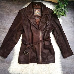 Wilsons Leather Adventure Bound Brown Asymmetrical Zip Belted Jacket Size Medium